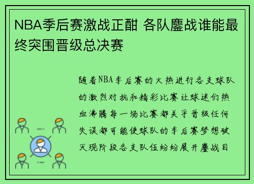 NBA季后赛激战正酣 各队鏖战谁能最终突围晋级总决赛