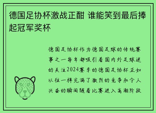 德国足协杯激战正酣 谁能笑到最后捧起冠军奖杯
