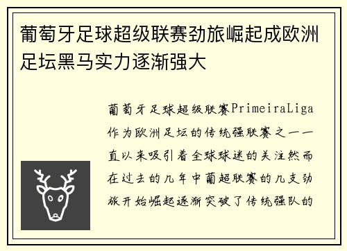 葡萄牙足球超级联赛劲旅崛起成欧洲足坛黑马实力逐渐强大