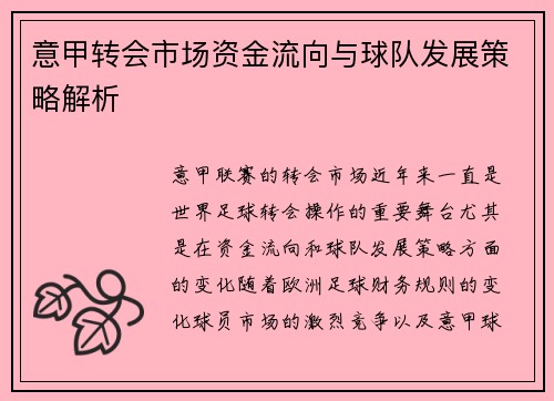 意甲转会市场资金流向与球队发展策略解析
