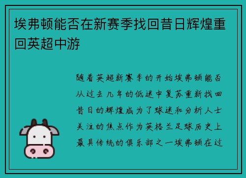 埃弗顿能否在新赛季找回昔日辉煌重回英超中游
