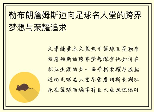 勒布朗詹姆斯迈向足球名人堂的跨界梦想与荣耀追求